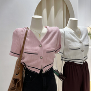 粉色小香风短袖上衣女，v领短款高腰设计感小众，气质时尚小外套开衫