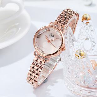 夏季歌迪女玫瑰合金士手表水钻钢带手表时尚圆形石英普通国产腕表