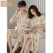 情侣睡袍女士夏季纯棉短袖睡衣，日式和服浴衣男士，格子加大码浴袍
