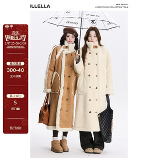 illella双面穿直筒大衣，秋冬温柔气质加厚长款立领，卡其色毛呢外套