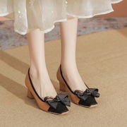 法式高跟鞋女粗跟2024年春季方头，甜美蝴蝶结舒适女士复古单鞋