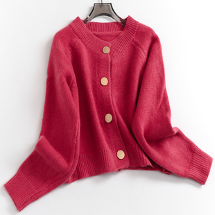 纯色宽松慵懒风圆领单排扣插肩长袖，针织外套秋冬女装毛衣b183
