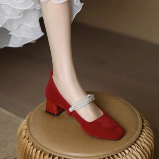 法式红色高跟单鞋女方头粗跟中跟高级感婚鞋新娘鞋不累脚日常可穿