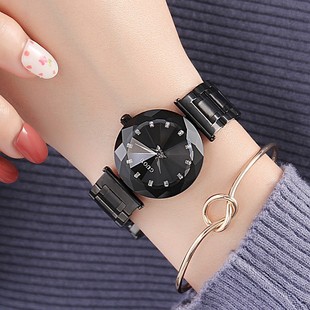 士手表表带女表镶钻森时尚玻璃黑色面个性不锈钢圆形石英国产腕表
