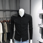 男式长袖衬衫修身款翻领上衣，男衬衣商务休闲高档纯黑色打底衫