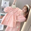 韩版炸街亲子装2024夏季母女装珍珠领连衣裙，女童短袖公主裙子
