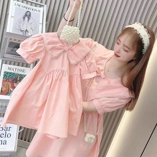 韩版炸街亲子装2024夏季母女装，珍珠领连衣裙女童短袖公主裙子