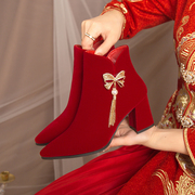婚鞋新娘鞋冬天加绒粗跟2023冬季红色高跟鞋，女结婚靴子不累脚