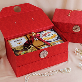 中式喜糖喜饼礼盒成品喜事，结婚订婚双层手提箱，大号婚庆回礼伴手礼