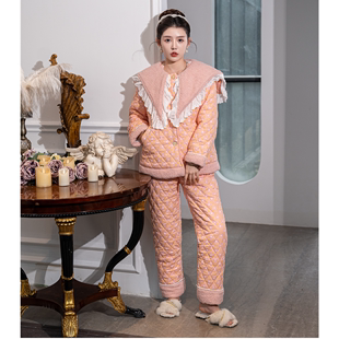 pinkgrape冬季三层夹棉加厚女睡衣，甜美公主风纯棉加绒保暖家居服