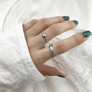 韩国s925纯银泰银复古几何形，圆球戒指女光面，转运珠开口食指戒子