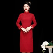 过年旗袍秋冬2023年女装中国风年轻款日常改良红色毛呢连衣裙