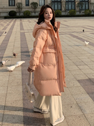 橘色连帽羽绒服女中长款2023年冬季宽松小个子，加厚面包服外套
