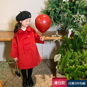 款女童加厚领羊绒外套，韩版新年款中长款中国红夹棉大衣