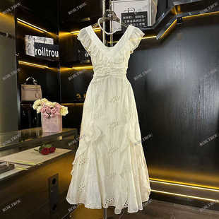 ROILTROU白色初恋裙女款提花法式连衣裙V领复古气质浪漫绝美裙子