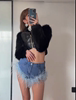 Feather denim shorts夏季女装欧美夜店高腰短裤拼接羽毛牛仔热裤