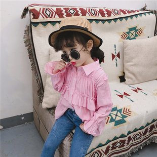 韩版童装2019年春季女童，甜美褶皱荷叶边喇叭，袖裙摆边雪纺衬衫
