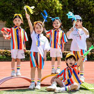六一儿童啦啦队演出服小学生，运动会服装幼儿园，彩条衬衫舞蹈表演服