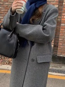 韩国东大门灰色双面羊绒西装领双排扣中长款秋冬加厚系带呢子外套