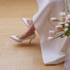 2021年原创简约白色缎面高跟，婚鞋新娘结婚设计感细跟软底单鞋