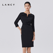 lancy朗姿秋季小v领气质，连衣裙收腰显瘦高级感法式修身小黑裙女