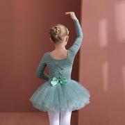 儿童舞蹈服春季长袖棉豆绿色女童练功服开档连体芭蕾舞中国舞裙