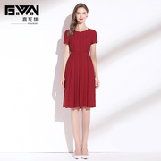 红色连衣裙2024夏季系带，收腰显瘦通勤气质，短袖雪纺裙子中长款