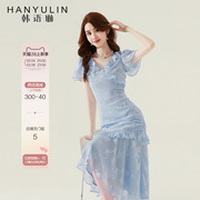 韩语琳法式连衣裙女2024夏季气质收腰显瘦高级感蓝色长款裙子