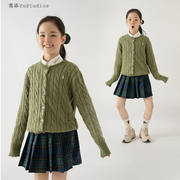 儿童开衫亲子24春韩版中性，英伦绿色圆领麻花学院，风洋气毛衣针织衫