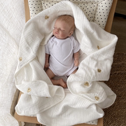 新生婴儿四季纯棉纱布，刺绣小熊六层纱泡泡纱浴巾，浴袍抱毯包巾襁褓
