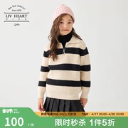 日本LIVHEART儿童条纹毛衣2024冬季翻领针织衫外套女大童冬