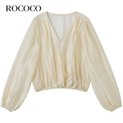 rococo2024夏季慵懒大v领开襟设计小衫优雅灯笼袖光泽感上衣