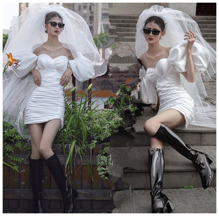 摄影主题服情侣装白色包臀大泡袖抹胸礼服时尚个性，婚纱旅拍森系新
