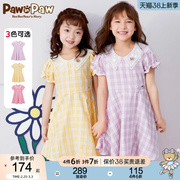 pawinpaw卡通小熊童装夏季女童，连衣裙格子公主，裙蕾丝领荷花袖