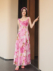 瑞苏米高级感大花朵多巴胺粉色，印花木耳边度假风，吊带长裙连衣裙新