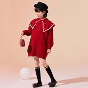 女童连衣裙秋冬季2023洋气儿童大红色，毛衣裙(毛衣裙)海，军风时髦公主裙