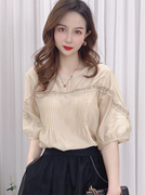 雪纺衬衫女短袖夏季2024年韩版宽松洋气，圆领蕾丝镂空半袖上衣