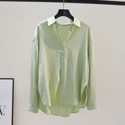 果绿色衬衫女设计感侧开叉不规则宽松防晒衫2024春夏长袖衬衣