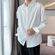 日系方领标准潮慵懒青春流行百搭男夏季长袖衬衫纯色潮流气质