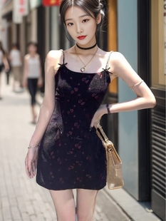 rosellaa柏林遐想2024春夏季时尚，落花镶钻吊带，蝴蝶结黑色连衣裙