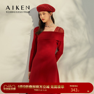 aiken/爱肯大码针织连衣裙女冬季网纱拼接气质长裙新年红色裙子