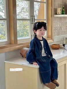 韩国童装秋季男女儿童洋气韩版蝙蝠袖深色牛仔外套短裤棉套装