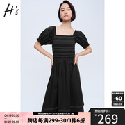HS奥莱法式小黑裙2023夏季复古经典方领泡泡袖连衣裙A字裙女