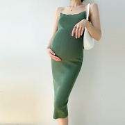 孕妇裙冰丝吊带裙夏装韩版修身中长款针织裙高级设计感欧美连衣裙