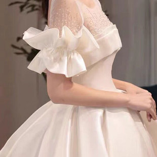 新娘手套白色荷叶边遮手臂，缎布婚纱礼服臂袖松紧，短款假袖子