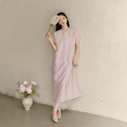 山有色新中式原创夏季改良日常茶服连衣裙女粉紫色气质优雅长裙