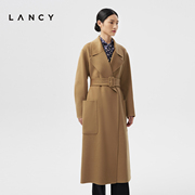 LANCY/朗姿2023秋冬翻领羊毛大衣女收腰长款毛呢外套简约大气