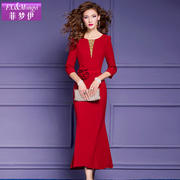 菲梦伊红色连衣裙2024春装，七分袖圆领本命年气质显瘦亮片钉珠长裙