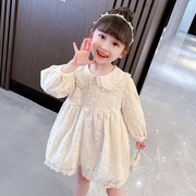 女童连衣裙2024年春季米白色珍珠领长袖韩版纯色蕾丝公主裙潮