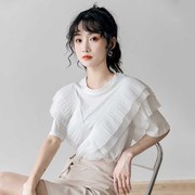 白色短袖t恤女设计感2023年夏季韩版宽松雪纺，拼接荷叶边上衣ins潮